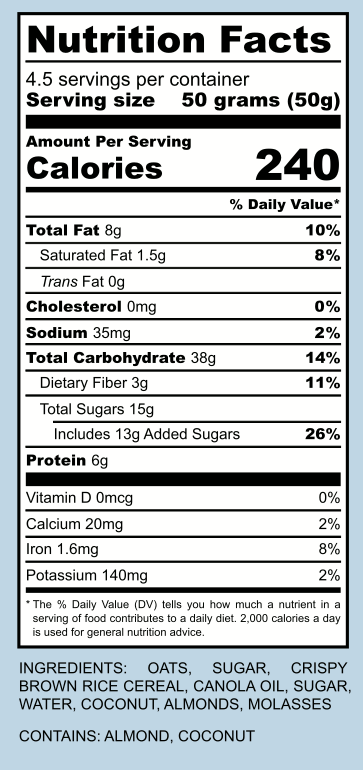 nutrition facts for coconut almond granola