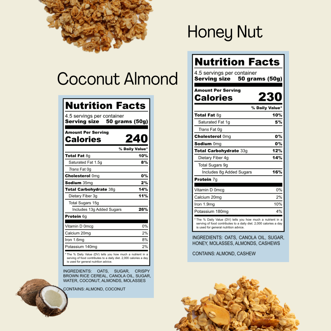 nutrition facts for granola - honey nut and coconut almond