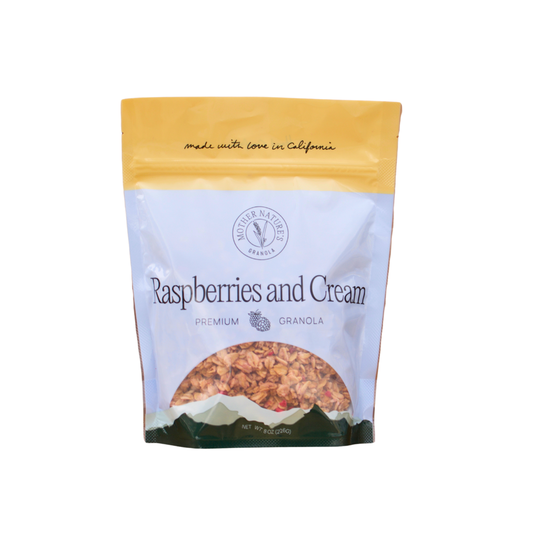bag of raspberries and cream granola
