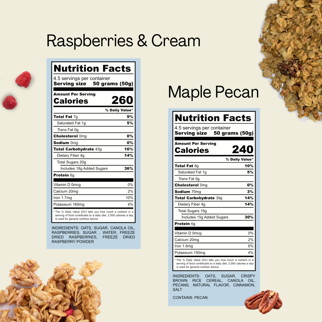 nutrition facts for granola - raspberries and cream and maple pecan